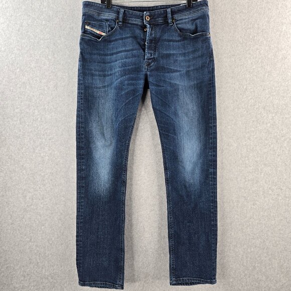 Diesel Waykee Jeans Mens 36x34 Blue Button Fly Straight Leg Low Rise Denim - Picture 1 of 14